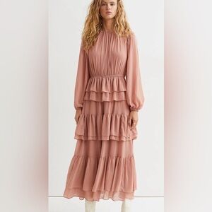 H&M Dusty Rose Tiered Chiffon Maxi Dress | Long Sleeve Wedding Guest Bridesmaid